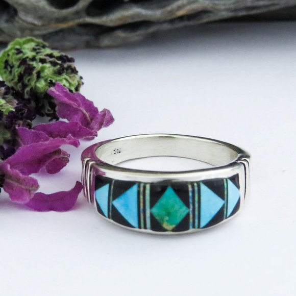 Men's Turquoise Multi Gemstone Inlay Sterling Silver Ring Size 12 1/4